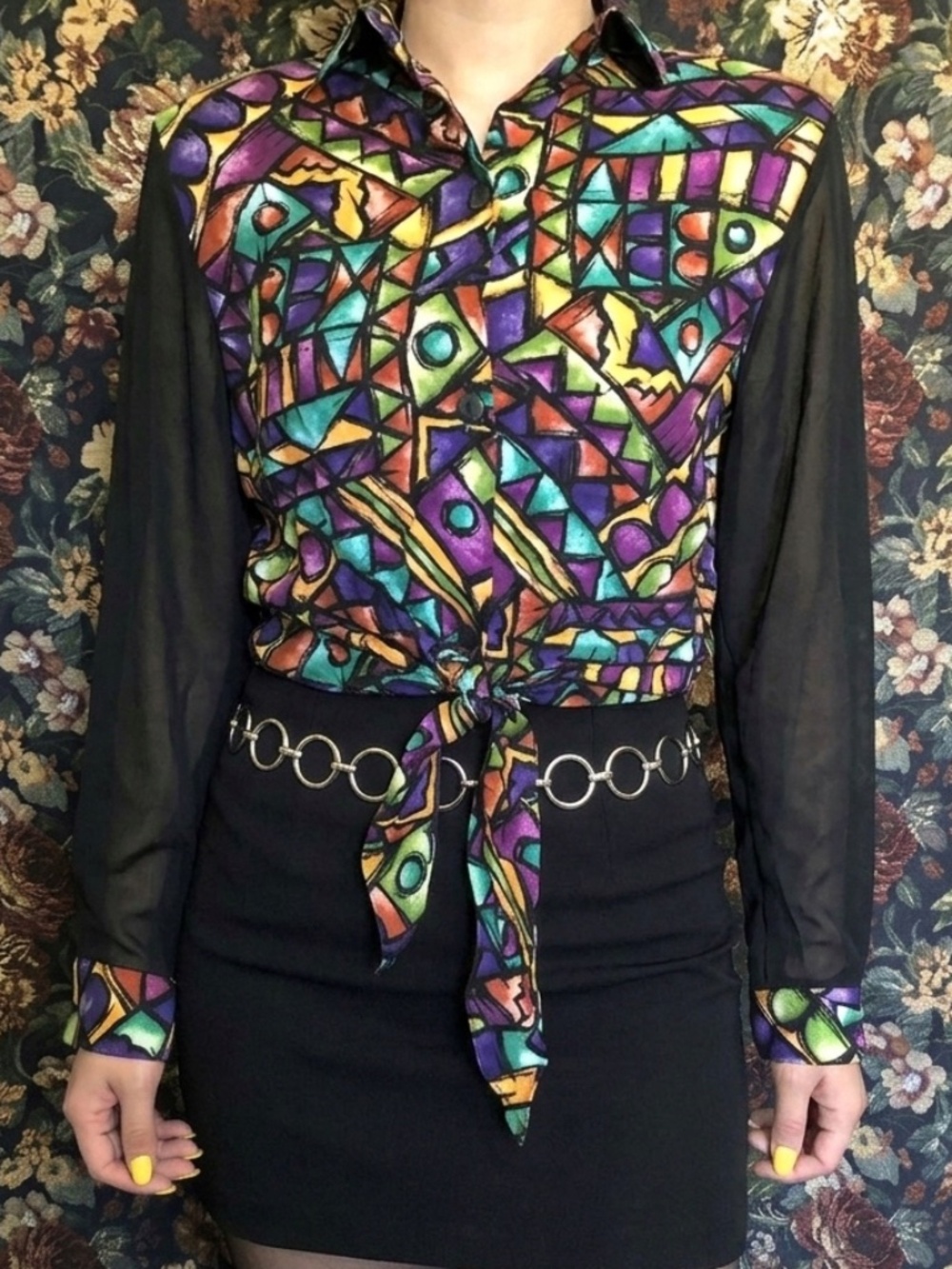 Vintage 80s/90s Geometric Abstract Tie-Front Top - Size Small
